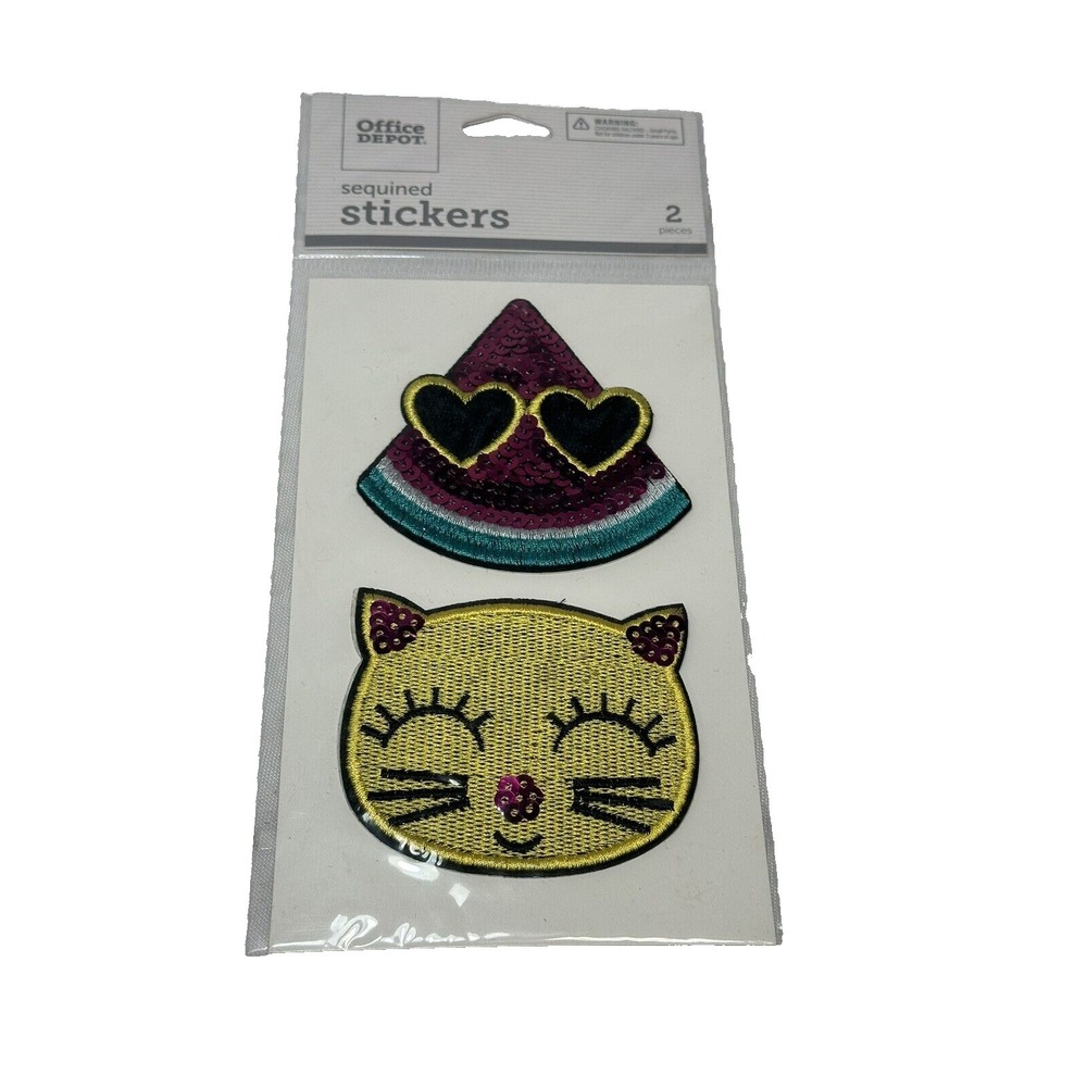 OFFICE DEPOT‎ 2 stickers sequined patch like WATERMELON CAT
